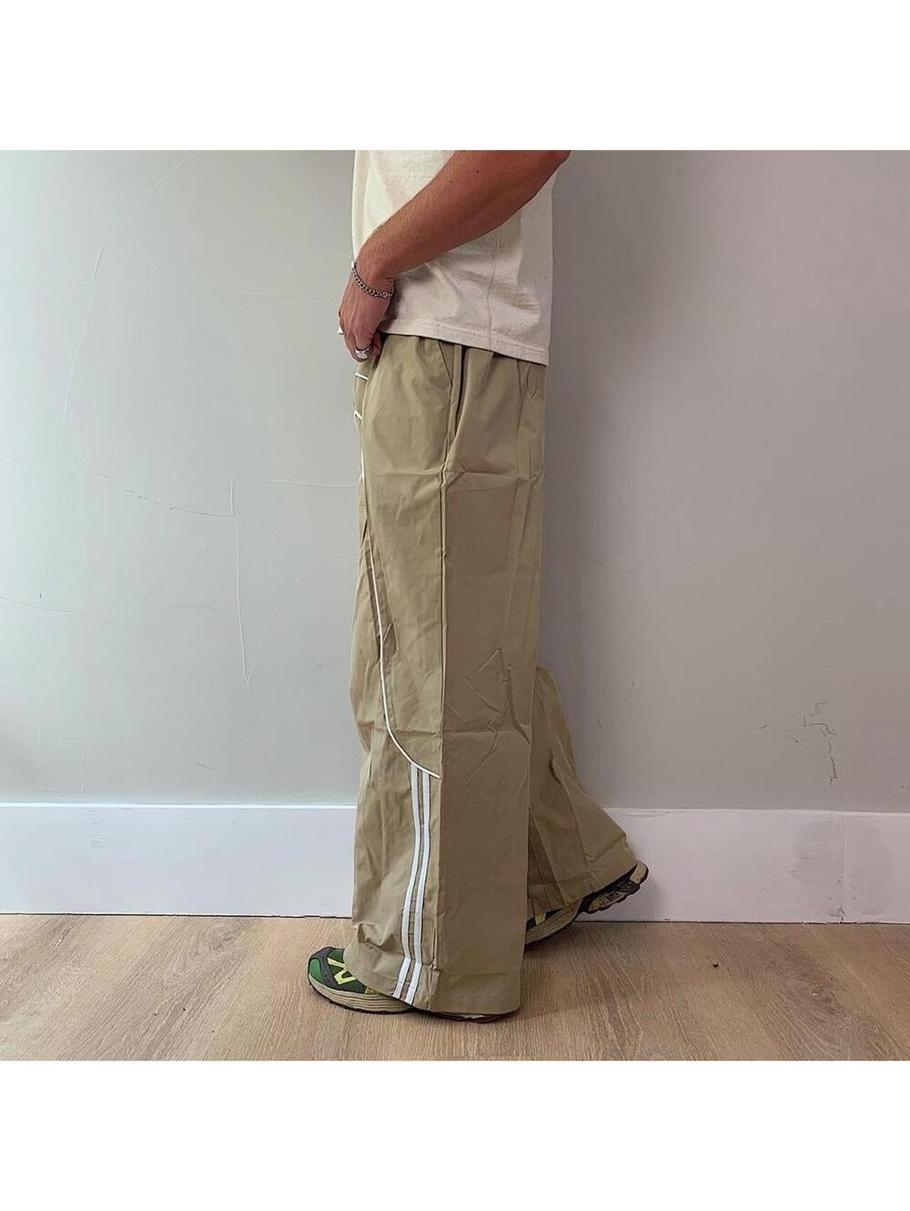 Streetwear super Baggy Y2K vintage style khaki track pants with white stripes - Picture 5 of 8
